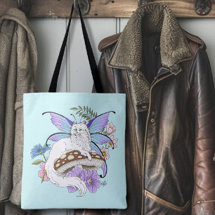 Whimsical White Fairy Cat Blue Mushroom Fantasy Tote Bag