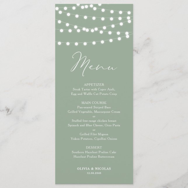 Whimsical White Fairy Lights Sage Green Wedding  Menu (Front)
