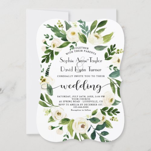 Whimsical White Floral Wreath Handwriting Wedding Invitation