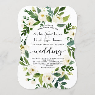 Whimsical White Floral Wreath Handwriting Wedding Invitation