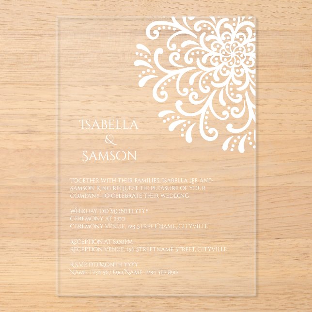Whimsical white Flourish Wedding Acrylic Invitations (Front)