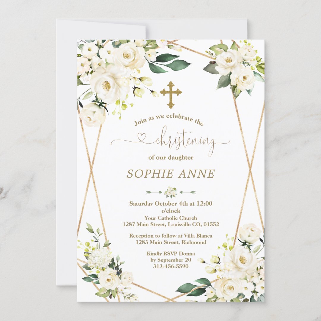 Whimsical White Flowers Gold Girl Christening Invitation | Zazzle