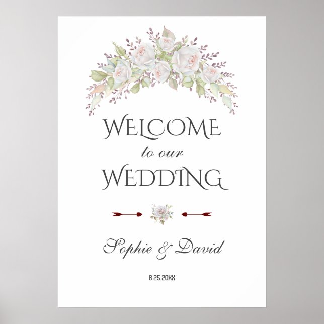 Whimsical White Flowers Welcome Wedding Sign (Front)