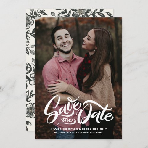 Whimsical White Hand Lettered Photo Overlay Floral Save The Date