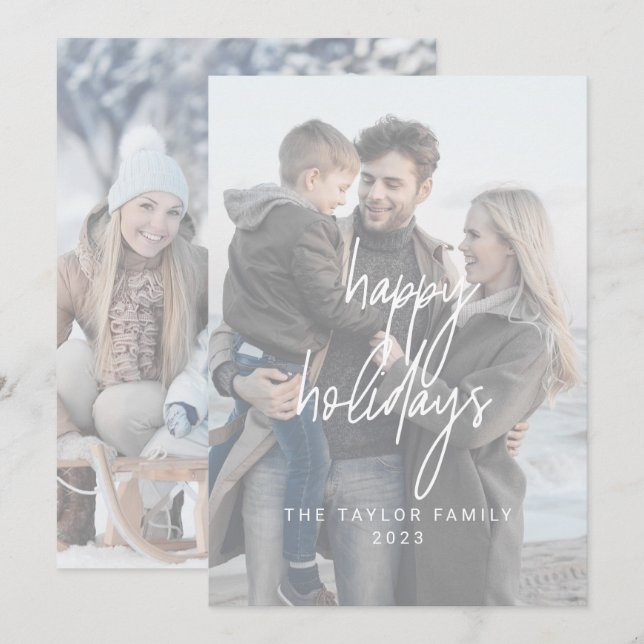Whimsical White Happy Holidays 2 Vertical Photos Holiday Card (Front/Back)