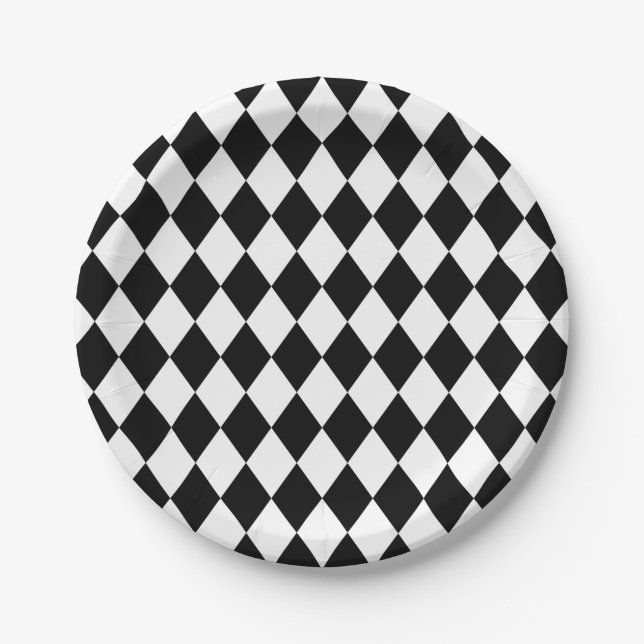 Whimsical White Harlequin Diamond Pattern Paper Plates (Front)