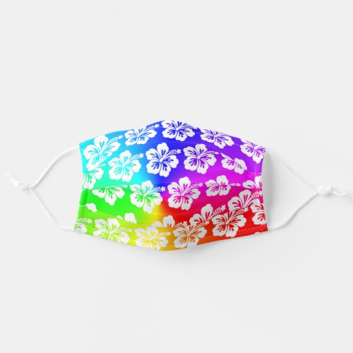 Whimsical White Hibiscus Pattern Rainbow Ombre Adult Cloth Face Mask