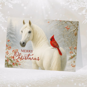 Whimsical White Horse and Cardinal Christmas Holiday Card