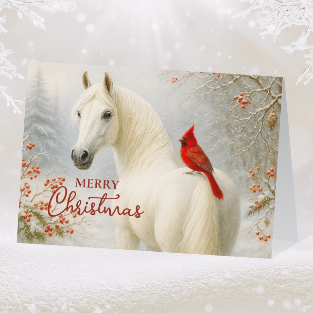 Whimsical White Horse and Cardinal Christmas Holiday Card (Creator Uploaded)
