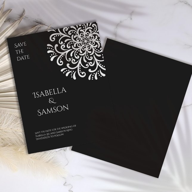 Whimsical White on Black Flourish Save the date (Creator Uploaded)