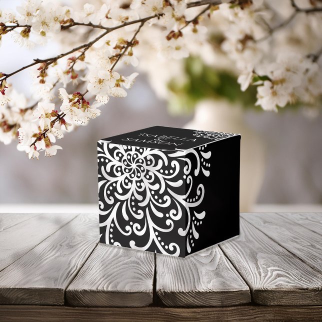 Whimsical White on Black Flourish Wedding Favor Boxes (Creator Uploaded)