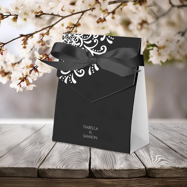 Whimsical White on Black Flourish Wedding Favor Boxes (Creator Uploaded)