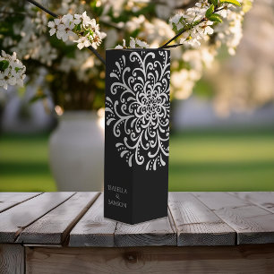 Whimsical White on black Flourish Wedding Wine Box