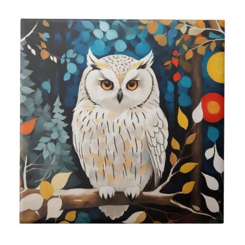 Whimsical White Owl In Colorful Vibrant Forest Ceramic Tile