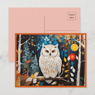Whimsical White Owl In Colorful Vibrant Forest Postcard