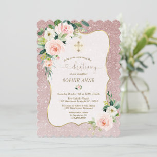 Whimsical White Pink Floral Gold Girl Christening  Invitation