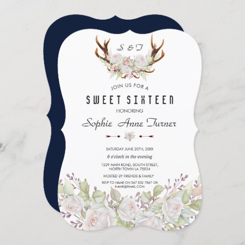 Whimsical White Pink Flowers Antlers Sweet 16 Invitation