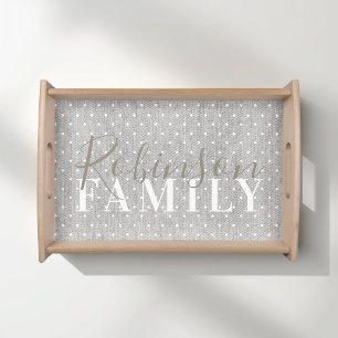 Whimsical White Polka Dot Rustic Wood Family Name Serving Tray