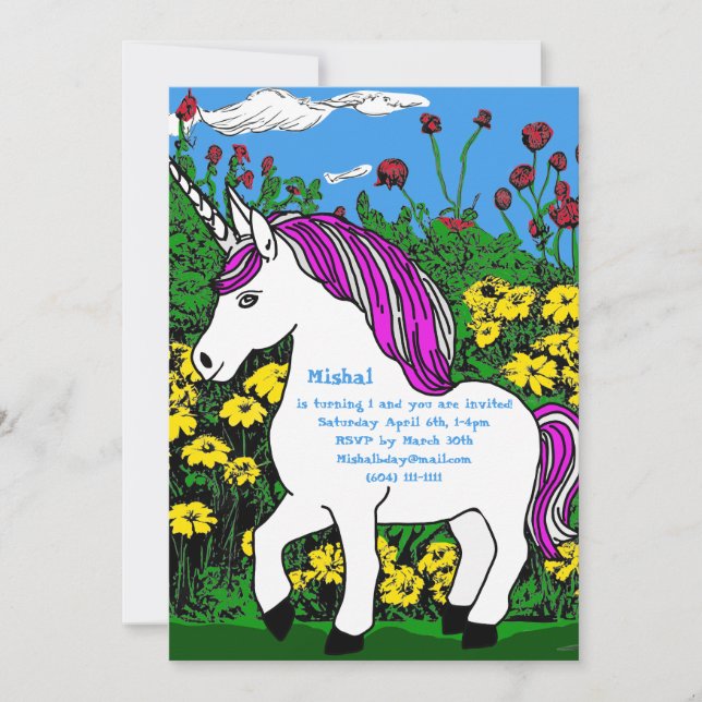 Whimsical White Purple Birthday Unicorn Invitation (Front)