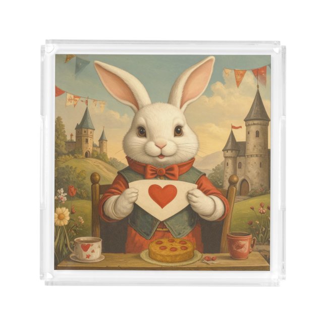 Whimsical White Rabbit Hearts Enchanted Wonderland Acrylic Tray (Front)