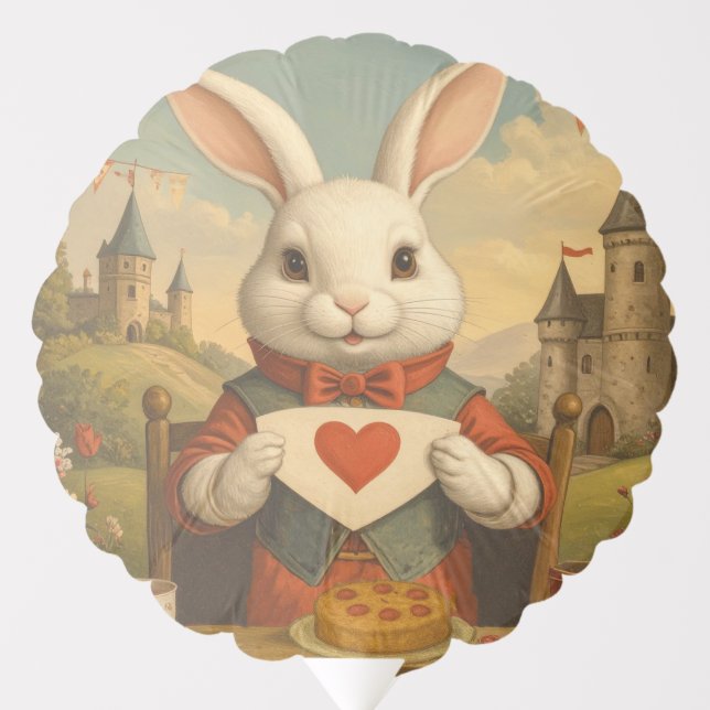 Whimsical White Rabbit Hearts Enchanted Wonderland Balloon (Front)