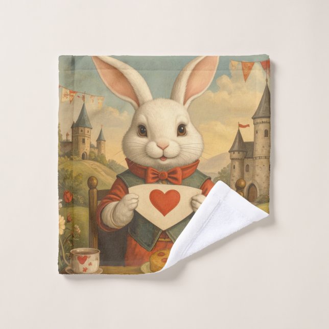 Whimsical White Rabbit Hearts Enchanted Wonderland Bath Towel Set (Wash Cloth)