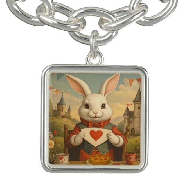 Whimsical White Rabbit Hearts Enchanted Wonderland Bracelet (Design)