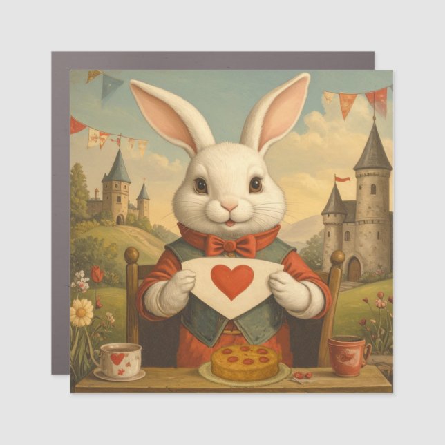 Whimsical White Rabbit Hearts Enchanted Wonderland Car Magnet (Front)