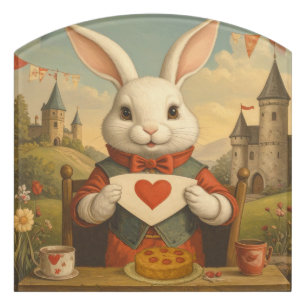 Whimsical White Rabbit Hearts Enchanted Wonderland Door Sign