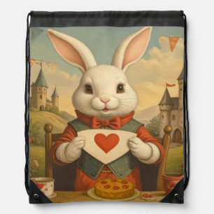 Whimsical White Rabbit Hearts Enchanted Wonderland Drawstring Bag