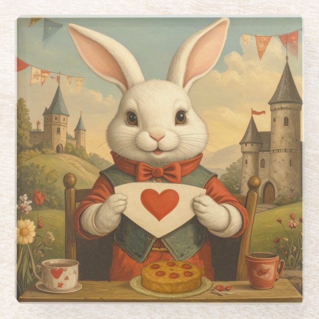 Whimsical White Rabbit Hearts Enchanted Wonderland Glass Coaster (Front)