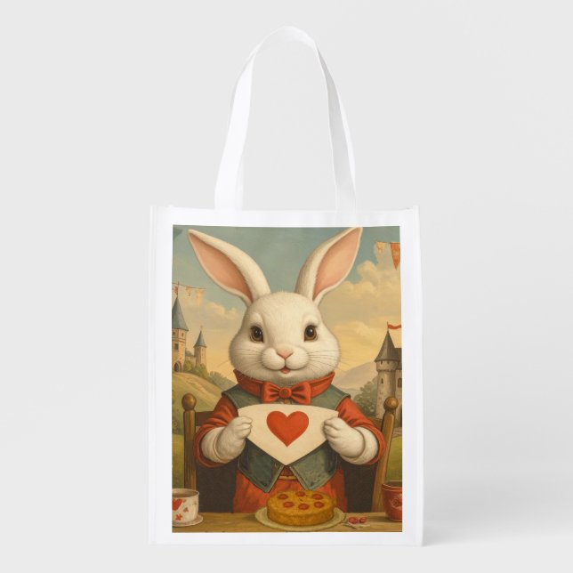 Whimsical White Rabbit Hearts Enchanted Wonderland Grocery Bag (Front)