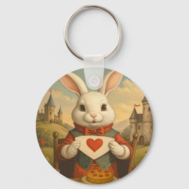 Whimsical White Rabbit Hearts Enchanted Wonderland Keychain (Front)