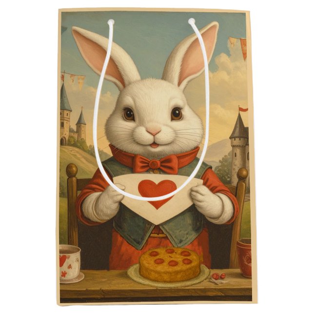 Whimsical White Rabbit Hearts Enchanted Wonderland Medium Gift Bag (Front)