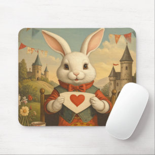 Whimsical White Rabbit Hearts Enchanted Wonderland Mouse Pad