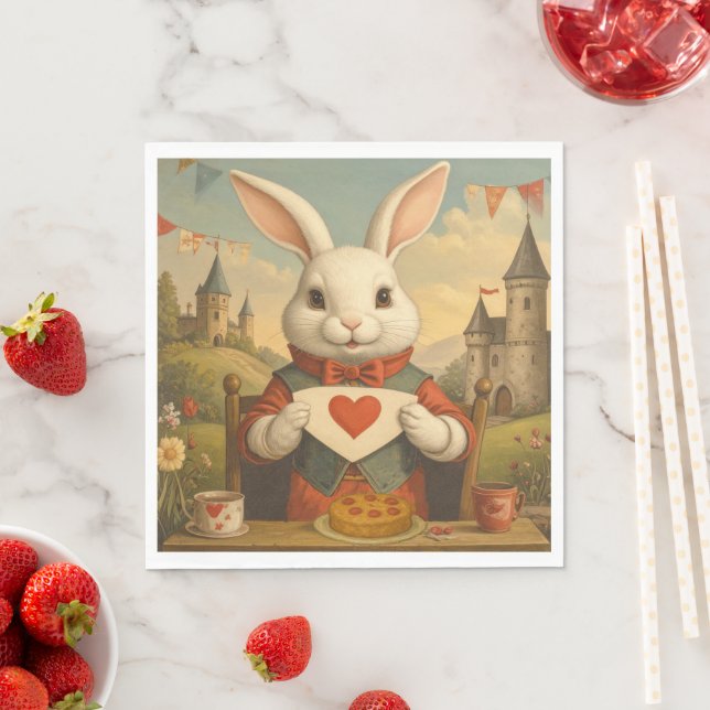 Whimsical White Rabbit Hearts Enchanted Wonderland Napkins (Insitu)