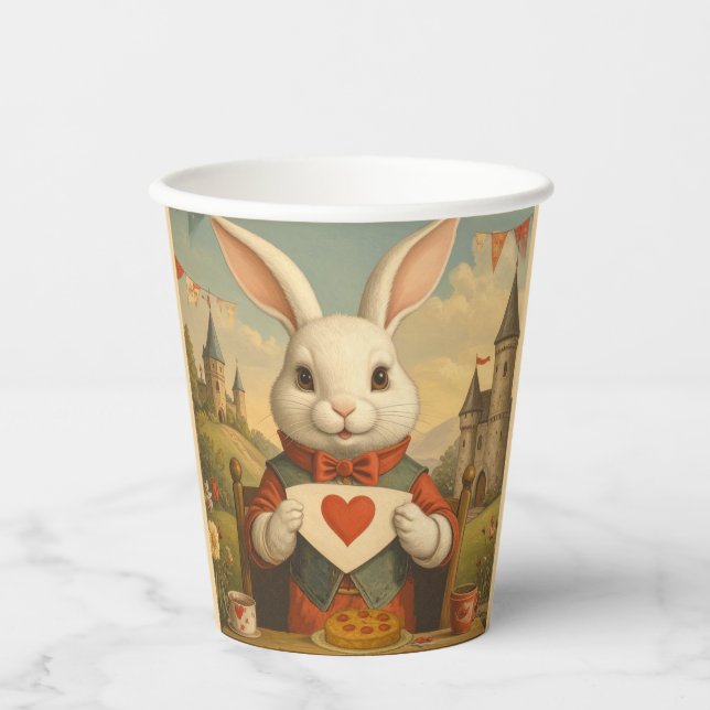 Whimsical White Rabbit Hearts Enchanted Wonderland Paper Cups (Front)