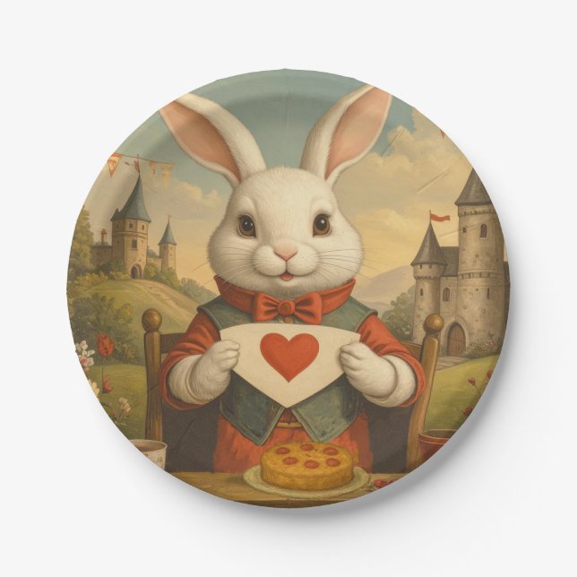 Whimsical White Rabbit Hearts Enchanted Wonderland Paper Plates (Front)