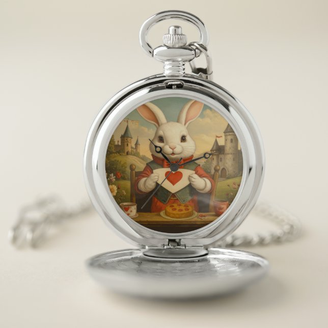 Whimsical White Rabbit Hearts Enchanted Wonderland Pocket Watch (Inside)