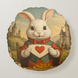 Whimsical White Rabbit Hearts Enchanted Wonderland Round Pillow