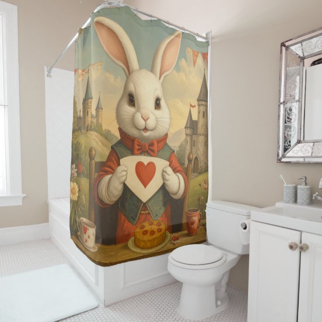 Whimsical White Rabbit Hearts Enchanted Wonderland Shower Curtain (In Situ)