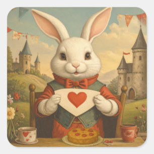 Whimsical White Rabbit Hearts Enchanted Wonderland Square Sticker