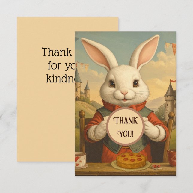 Whimsical White Rabbit Hearts Enchanted Wonderland Thank You Card (Front/Back)