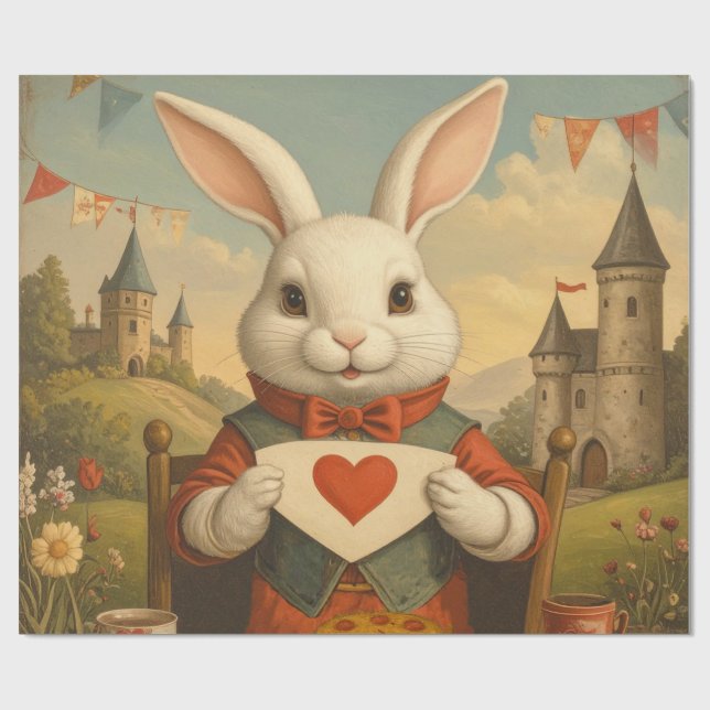 Whimsical White Rabbit Hearts Enchanted Wonderland Wrapping Paper (Flat)