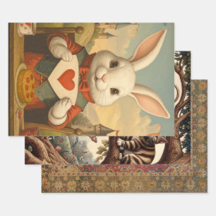 Whimsical White Rabbit Hearts Enchanted Wonderland Wrapping Paper Sheets