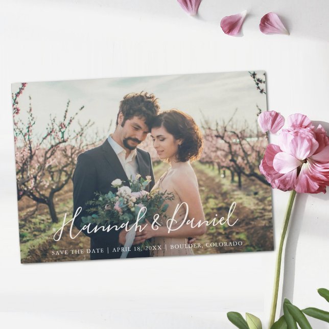 Whimsical White Script Photo Custom Save the Date Magnetic Invitation (Creator Uploaded)