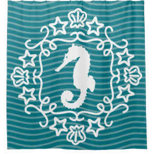 Whimsical White Seahorse Nautical Ocean Shower Curtain