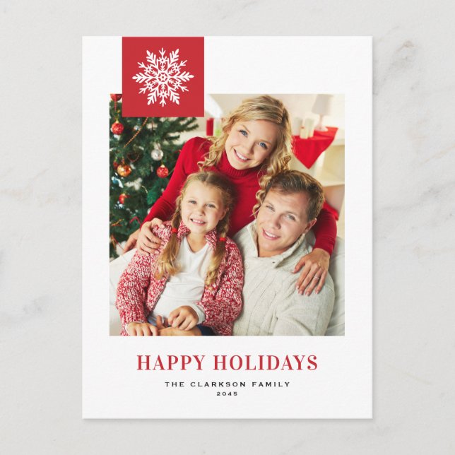 Whimsical White Snowflake Red Photo  Holiday Postcard (Front)