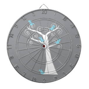 Whimsical White Spiral Tree with Blue Birds Dartboard