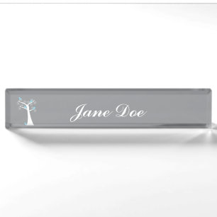 Whimsical White Spiral Tree with Blue Birds Desk Name Plate